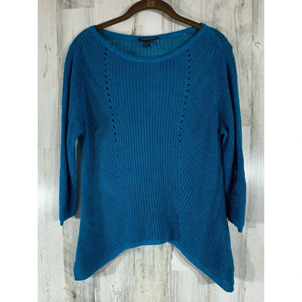 Eileen‎ Fisher Sweater Teal Organic Linen Open Knit Asymmetric Hem 3/4 Sleeve